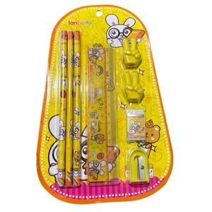 Lanbeitu Kawaii Stationery Set Pencils Ruler Eraser Sharpener Peace Sign Toppers